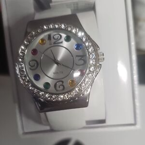 Silver and White Watch with Gem Accents